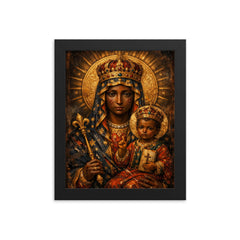 Black Madonna of Częstochowa with battle scars framed print on a plain backdrop in size 8"x10".