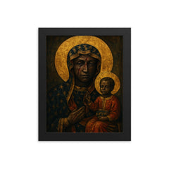 Black Madonna of Częstochowa with battle scars framed print on a plain backdrop in size 8"x10".