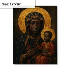 Black Madonna of Częstochowa with battle scars metal print on a plain backdrop in size 12"x16".