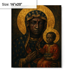 Black Madonna of Częstochowa with battle scars metal print on a plain backdrop in size 16"x20".