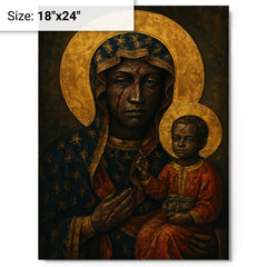 Black Madonna of Częstochowa with battle scars metal print on a plain backdrop in size 18"x24".