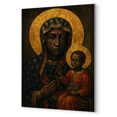 Black Madonna of Częstochowa with battle scars metal print mockup