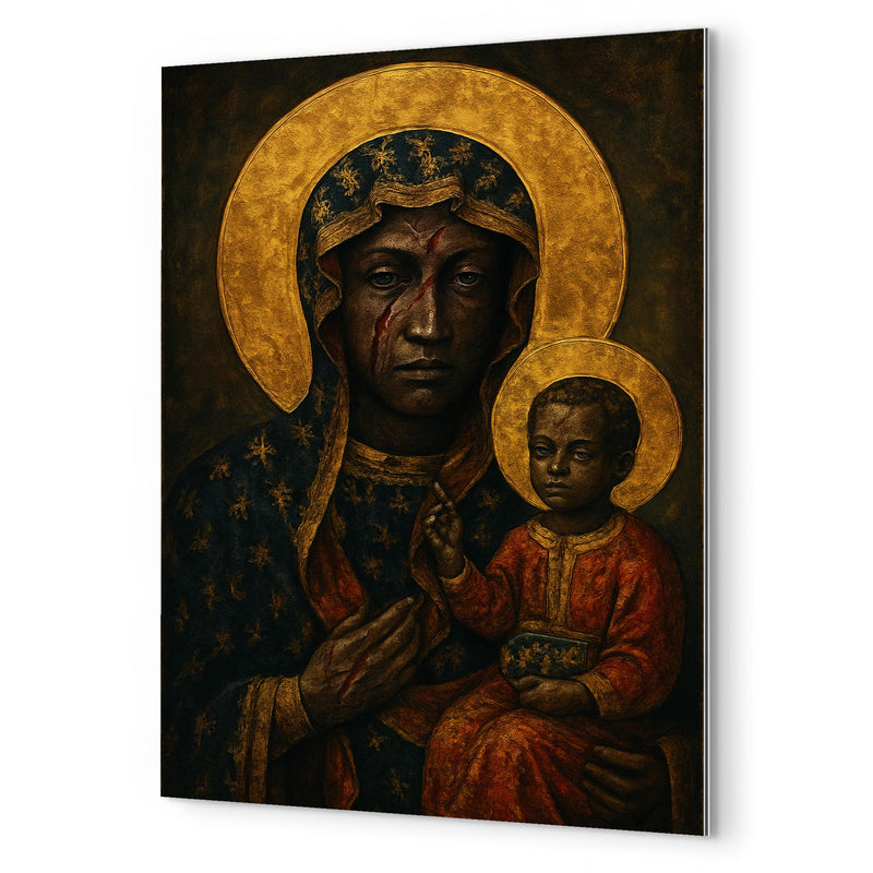 Black Madonna of Częstochowa with battle scars metal print mockup