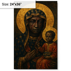Black Madonna of Częstochowa with battle scars metal print on a plain backdrop in size 24"x36".