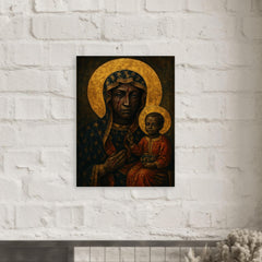 Black Madonna of Częstochowa with battle scars metal print mockup