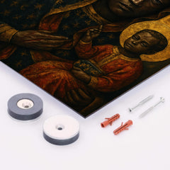 Black Madonna of Częstochowa with battle scars metal print mockup