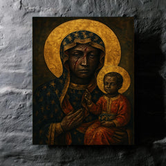 Black Madonna of Częstochowa with battle scars metal print mockup