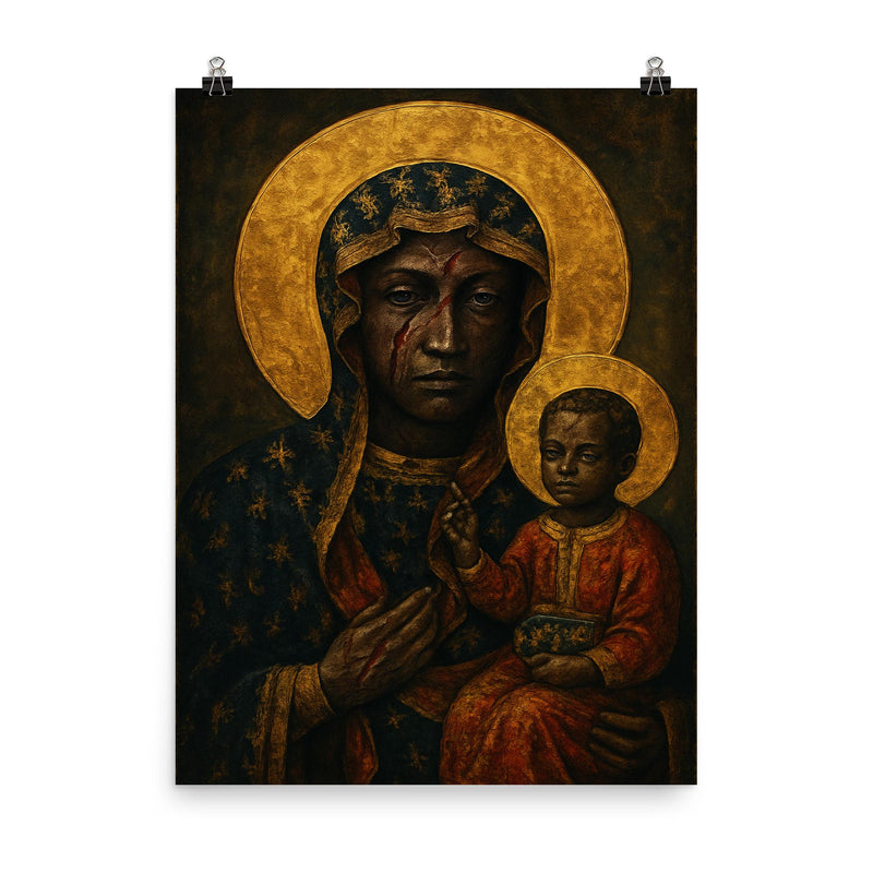 Black Madonna of Częstochowa with battle scars poster on a plain backdrop in size 8