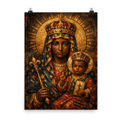 Black Madonna of Częstochowa with battle scars poster on a plain backdrop in size 8"x10".