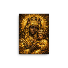Black Madonna of Czestochowa in gold sorrow canvas print on a plain backdrop in size 12"x16".