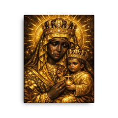 Black Madonna of Czestochowa in gold sorrow canvas print on a plain backdrop in size 16"x20".