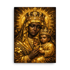 Black Madonna of Czestochowa in gold sorrow canvas print on a plain backdrop in size 18"x24".