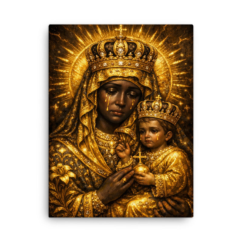 Black Madonna of Czestochowa in gold sorrow canvas print on a plain backdrop in size 18