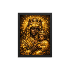 Black Madonna of Czestochowa in gold sorrow framed print on a plain backdrop in size 12"x16".