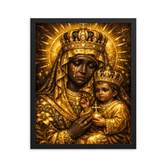 Black Madonna of Czestochowa in gold sorrow framed print on a plain backdrop in size 16"x20".