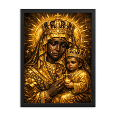 Black Madonna of Czestochowa in gold sorrow framed print on a plain backdrop in size 18"x24".