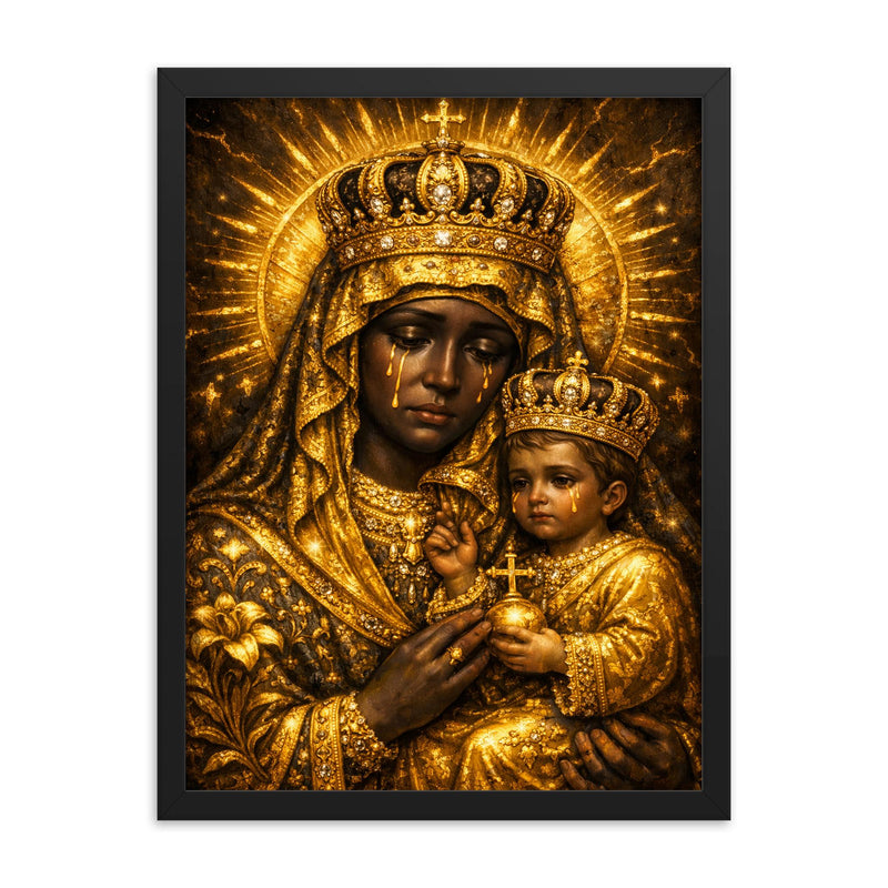 Black Madonna of Czestochowa in gold sorrow framed print on a plain backdrop in size 18
