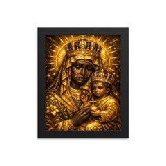 Black Madonna of Czestochowa in gold sorrow framed print on a plain backdrop in size 8"x10".