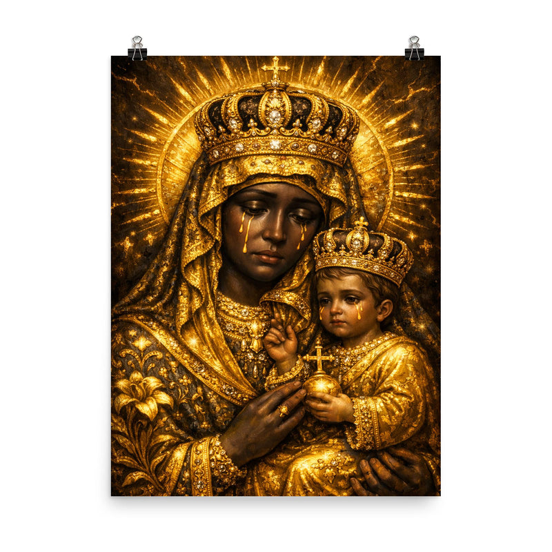 Black Madonna of Czestochowa in gold sorrow poster on a plain backdrop in size 8