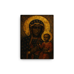 Black Madonna of Czestochowa with battle scarred gold aura canvas print on a plain backdrop in size 12"x16".