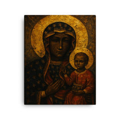 Black Madonna of Czestochowa with battle scarred gold aura canvas print on a plain backdrop in size 16"x20".