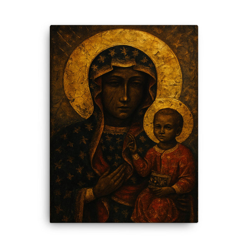 Black Madonna of Czestochowa with battle scarred gold aura canvas print on a plain backdrop in size 18
