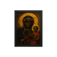 Black Madonna of Czestochowa with battle scarred gold aura framed print on a plain backdrop in size 12"x16".