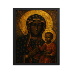 Black Madonna of Czestochowa with battle scarred gold aura framed print on a plain backdrop in size 16"x20".