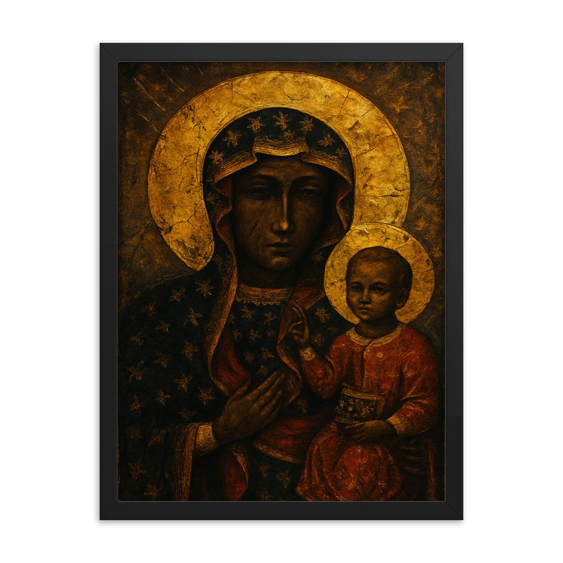 Black Madonna of Czestochowa with battle scarred gold aura framed print on a plain backdrop in size 18