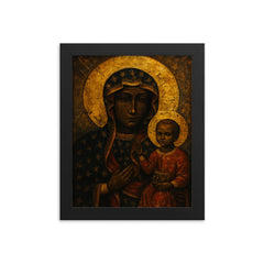 Black Madonna of Czestochowa with battle scarred gold aura framed print on a plain backdrop in size 8"x10".