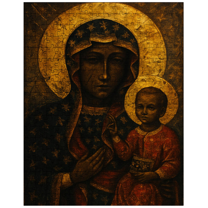 Black Madonna of Czestochowa with battle scarred gold aura jigsaw puzzle