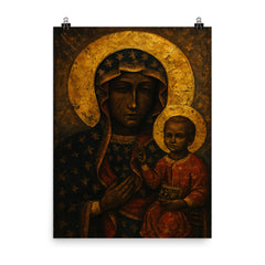 Black Madonna of Czestochowa with battle scarred gold aura poster on a plain backdrop in size 8"x10".