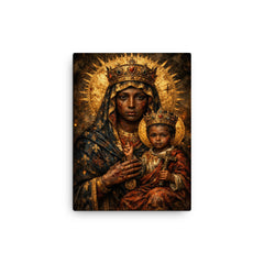 Black Madonna of Czestochowa with battle scars canvas print on a plain backdrop in size 12"x16".
