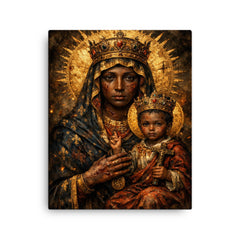 Black Madonna of Czestochowa with battle scars canvas print on a plain backdrop in size 16"x20".