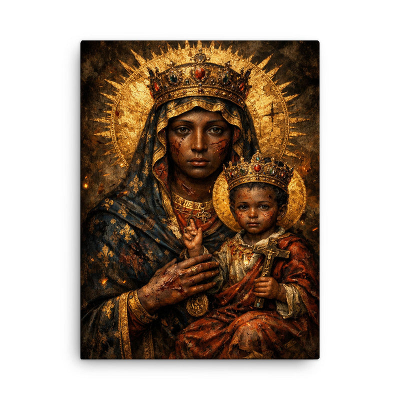 Black Madonna of Czestochowa with battle scars canvas print on a plain backdrop in size 18