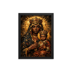 Black Madonna of Czestochowa with battle scars framed print on a plain backdrop in size 12"x16".