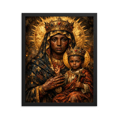 Black Madonna of Czestochowa with battle scars framed print on a plain backdrop in size 16"x20".