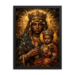 Black Madonna of Czestochowa with battle scars framed print on a plain backdrop in size 18"x24".