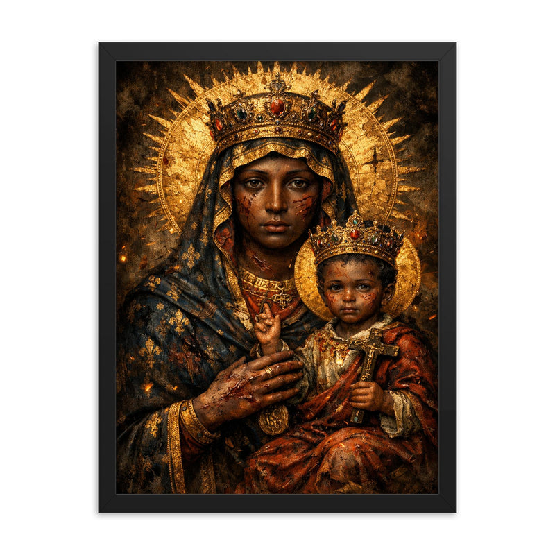 Black Madonna of Czestochowa with battle scars framed print on a plain backdrop in size 18