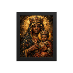 Black Madonna of Czestochowa with battle scars framed print on a plain backdrop in size 8"x10".