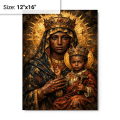 Black Madonna of Czestochowa with battle scars metal print on a plain backdrop in size 12"x16".