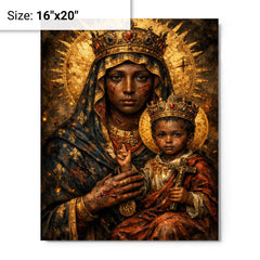 Black Madonna of Czestochowa with battle scars metal print on a plain backdrop in size 16"x20".