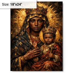 Black Madonna of Czestochowa with battle scars metal print on a plain backdrop in size 18"x24".