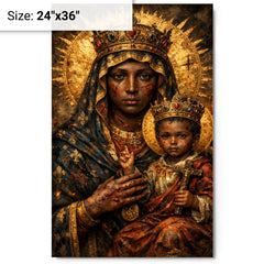 Black Madonna of Czestochowa with battle scars metal print on a plain backdrop in size 24"x36".