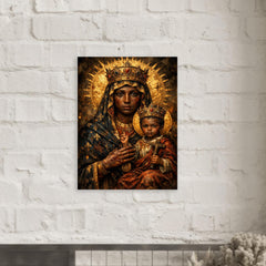 Black Madonna of Czestochowa with battle scars metal print mockup