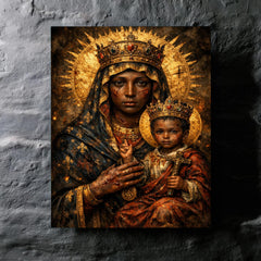 Black Madonna of Czestochowa with battle scars metal print mockup