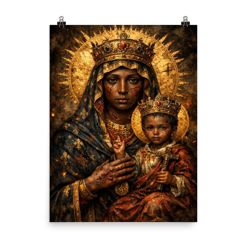 Black Madonna of Czestochowa with battle scars poster on a plain backdrop in size 8