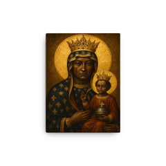 Black Madonna of Czestochowa with scarred regal solemnity canvas print on a plain backdrop in size 12"x16".