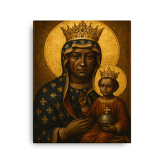 Black Madonna of Czestochowa with scarred regal solemnity canvas print on a plain backdrop in size 16"x20".