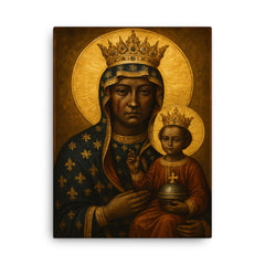 Black Madonna of Czestochowa with scarred regal solemnity canvas print on a plain backdrop in size 18"x24".